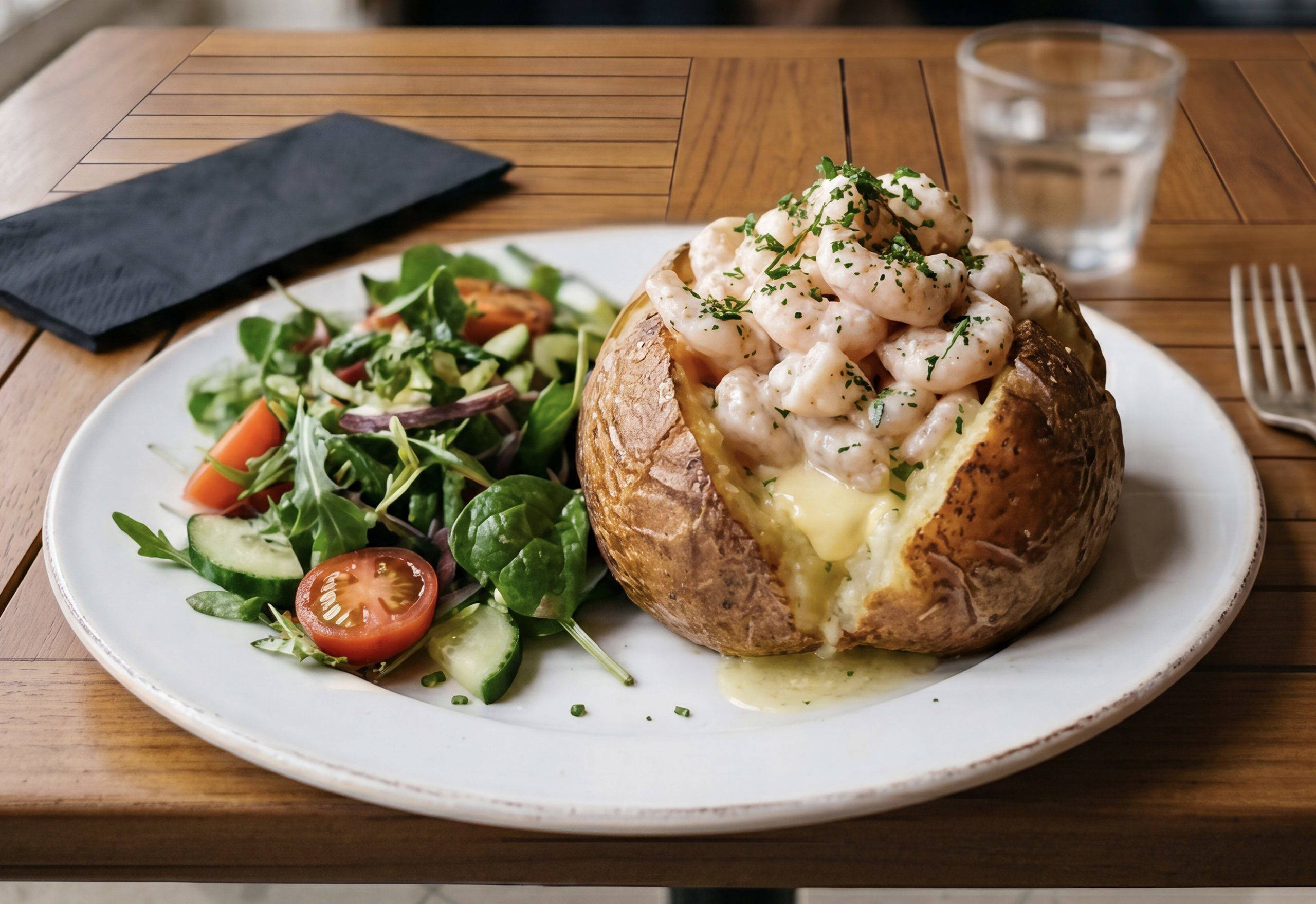Screenshot Oven Baked Jacket Potato with Prawn Cocktail and Side Salad from Francombs Diner, Rochester.